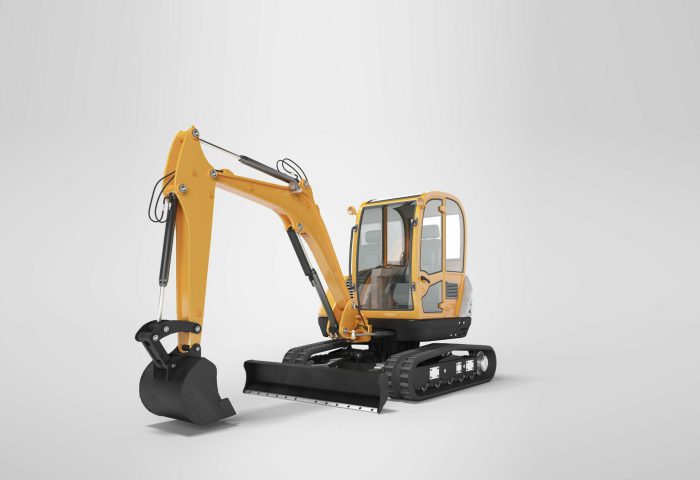 Orange mini excavator with hydraulic mechlopatoy on crawler rubber track with leveling bucket 3d render on gray background with shadow